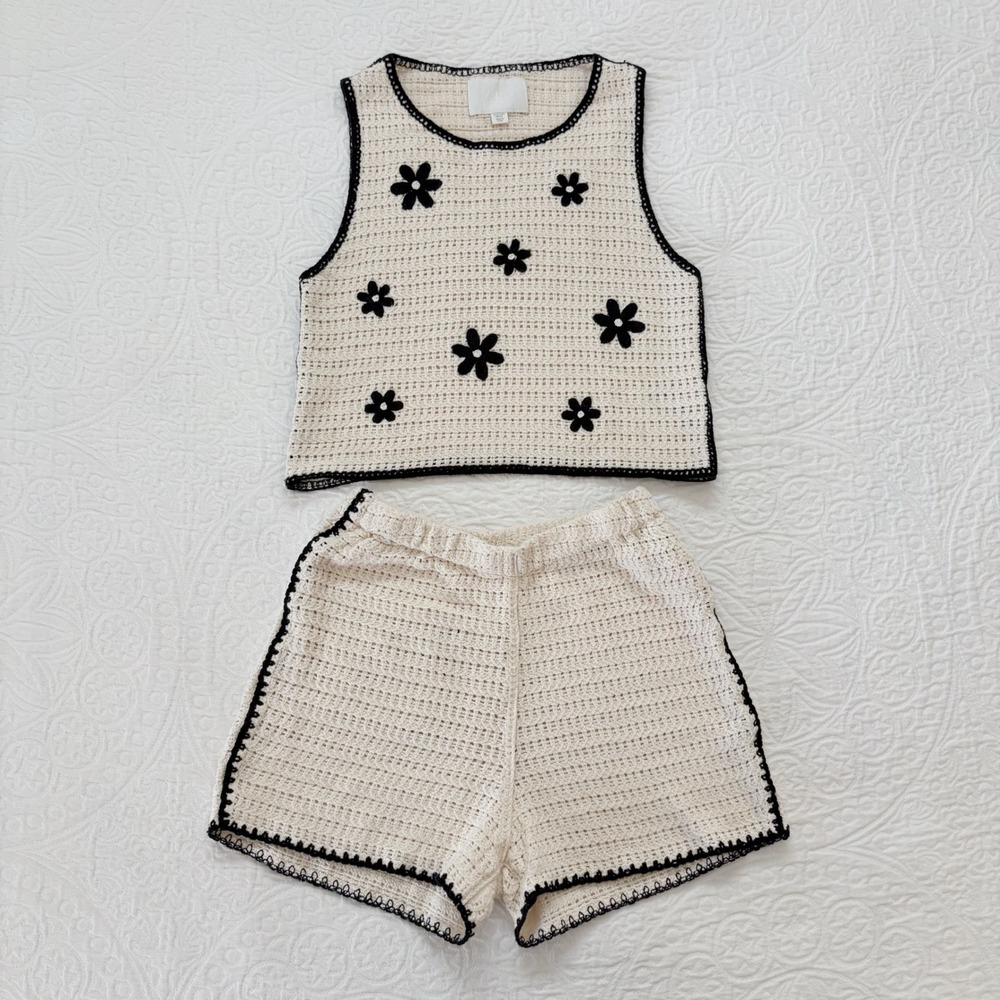 Zara Girls Crochet Floral Knit Set - Tank and Shorts, Cream / Black Sz 13-14